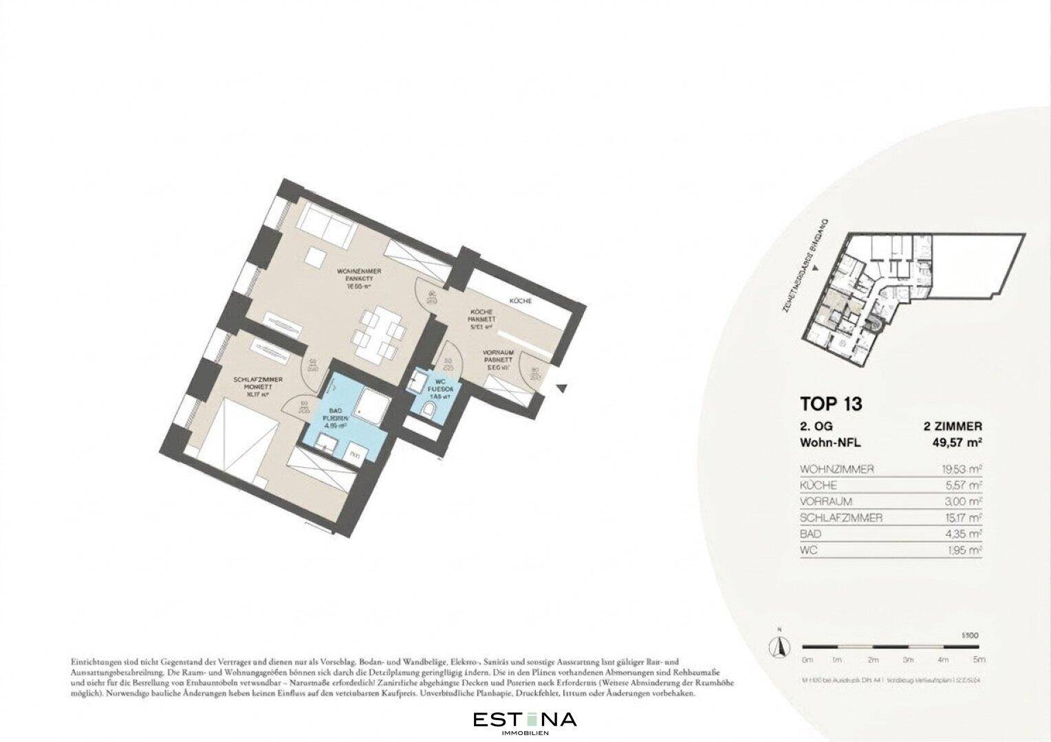 Übersichtlicher Grundriss der Wohnung Top 13 mit Flächenangaben und Raumaufteilung.