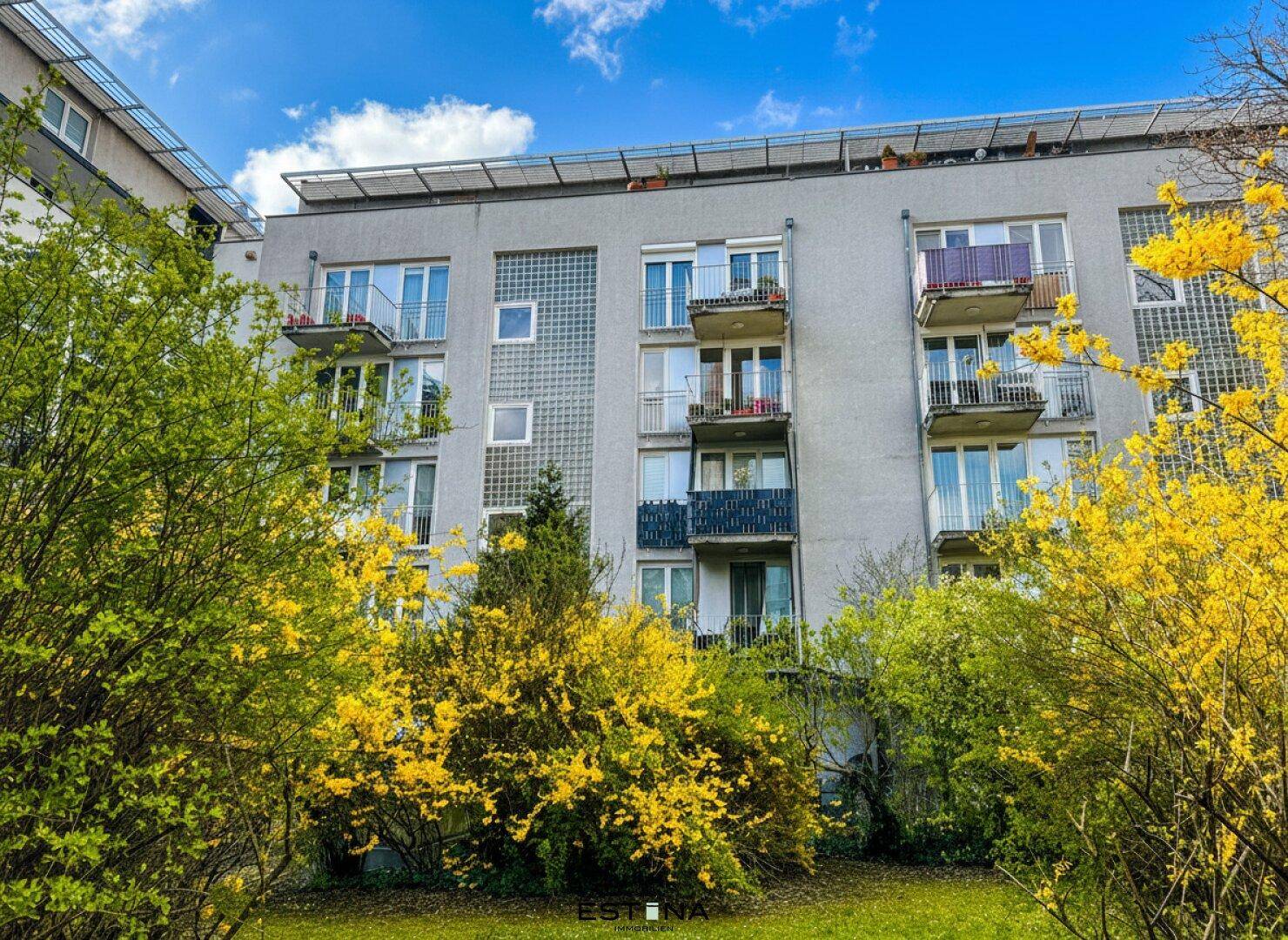 Moderne Gebäudefassade mit Balkonen, umgeben von blühenden Sträuchern und viel Grün.