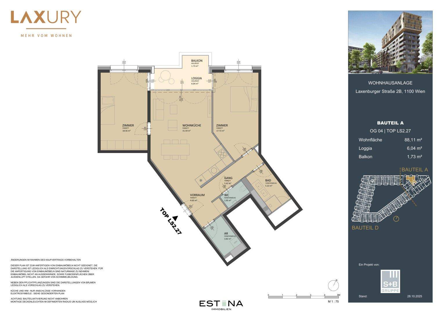 Grundriss einer Wohnung mit Loggia und Balkon, zeigt die Raumaufteilung.