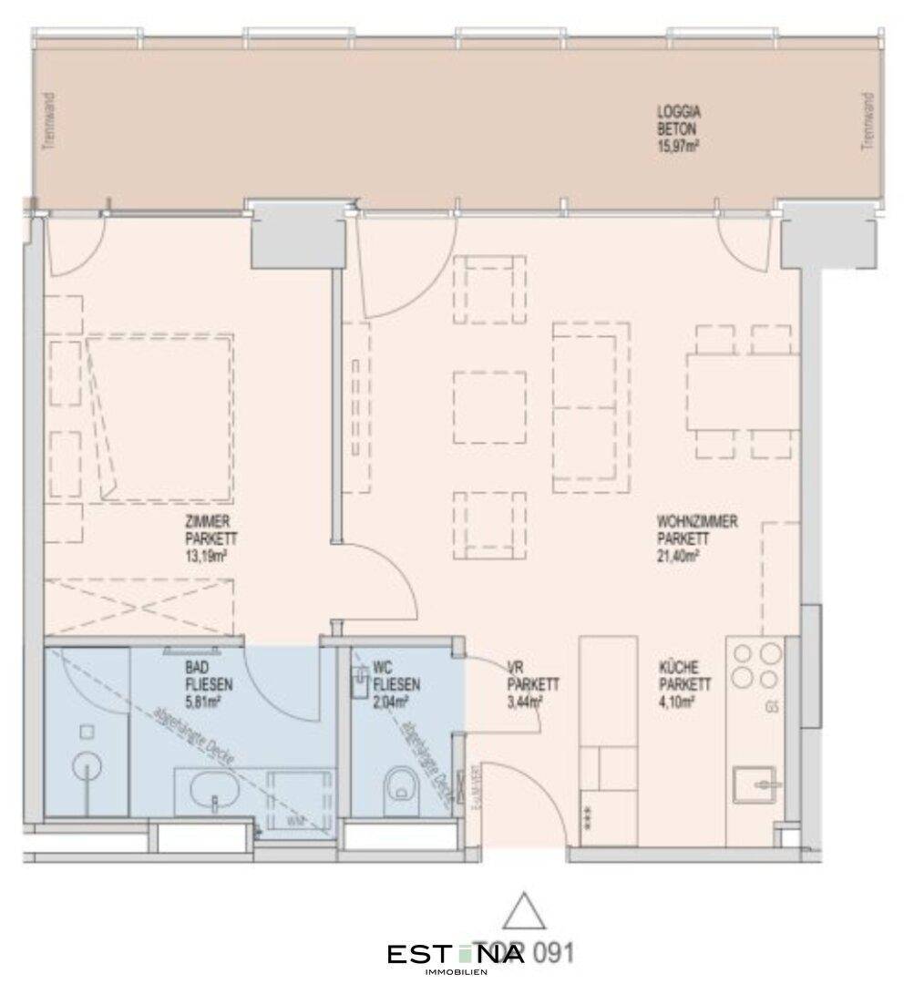 Übersichtlicher Grundriss einer Wohnung mit Zimmer, Bad, WC, Küche und Loggia.