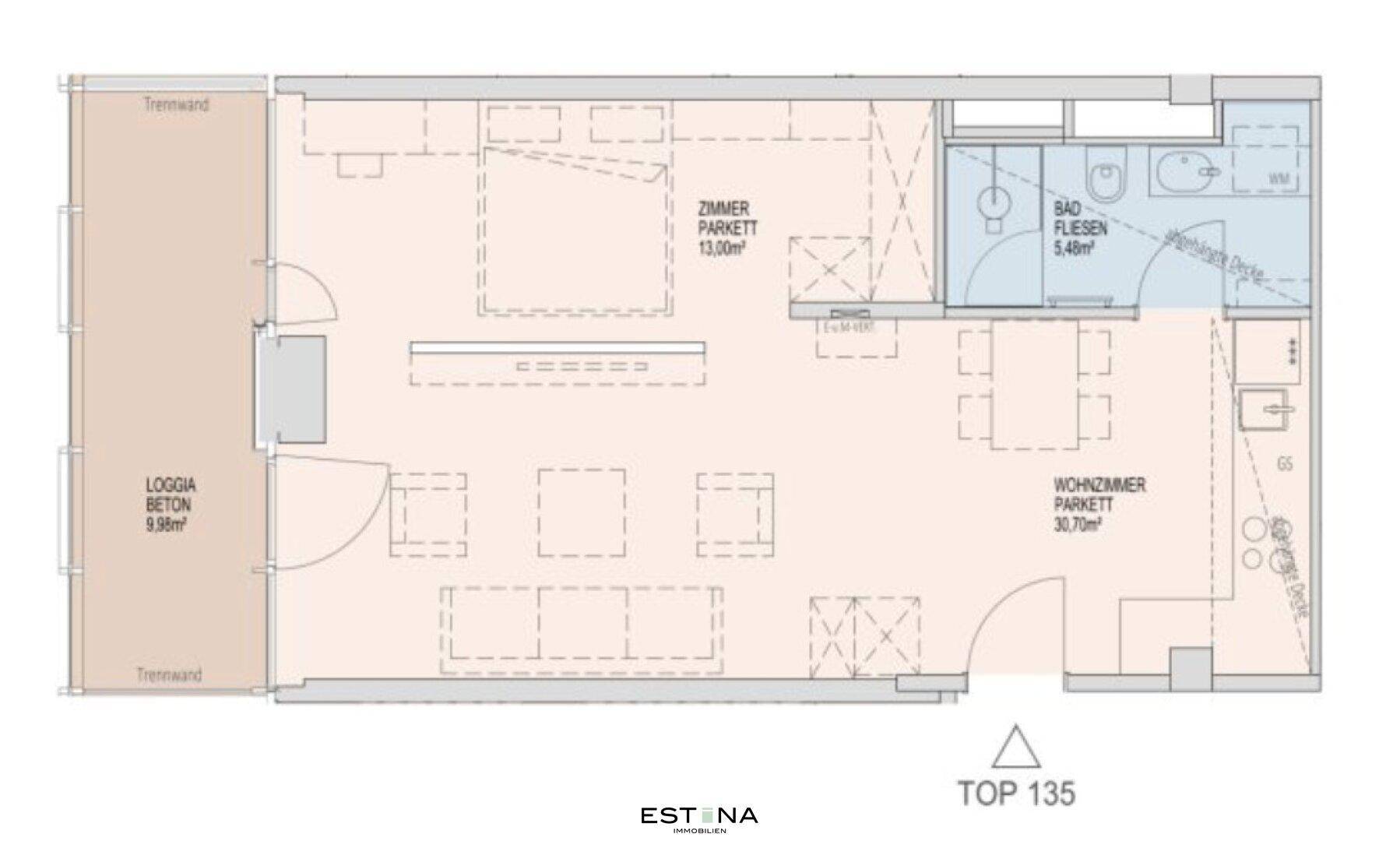Detaillierter Grundriss einer Wohnung mit Loggia, Wohnzimmer, Schlafzimmer und Badezimmer.