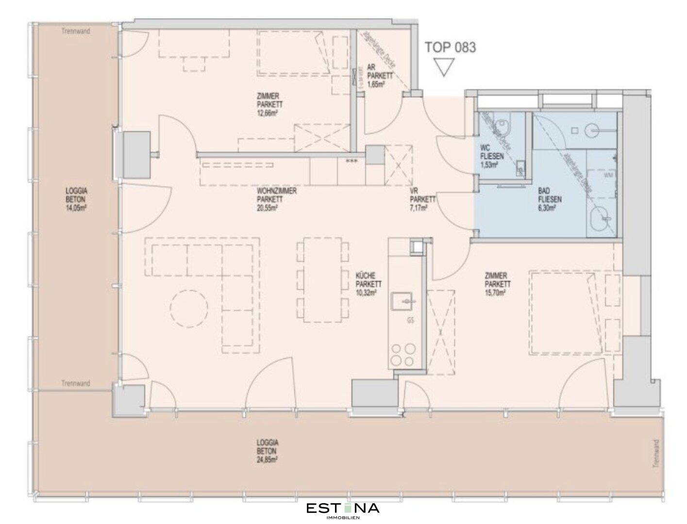 Nahaufnahme des Grundrisses einer Wohnung mit detaillierter Raumaufteilung und Flächenangaben.