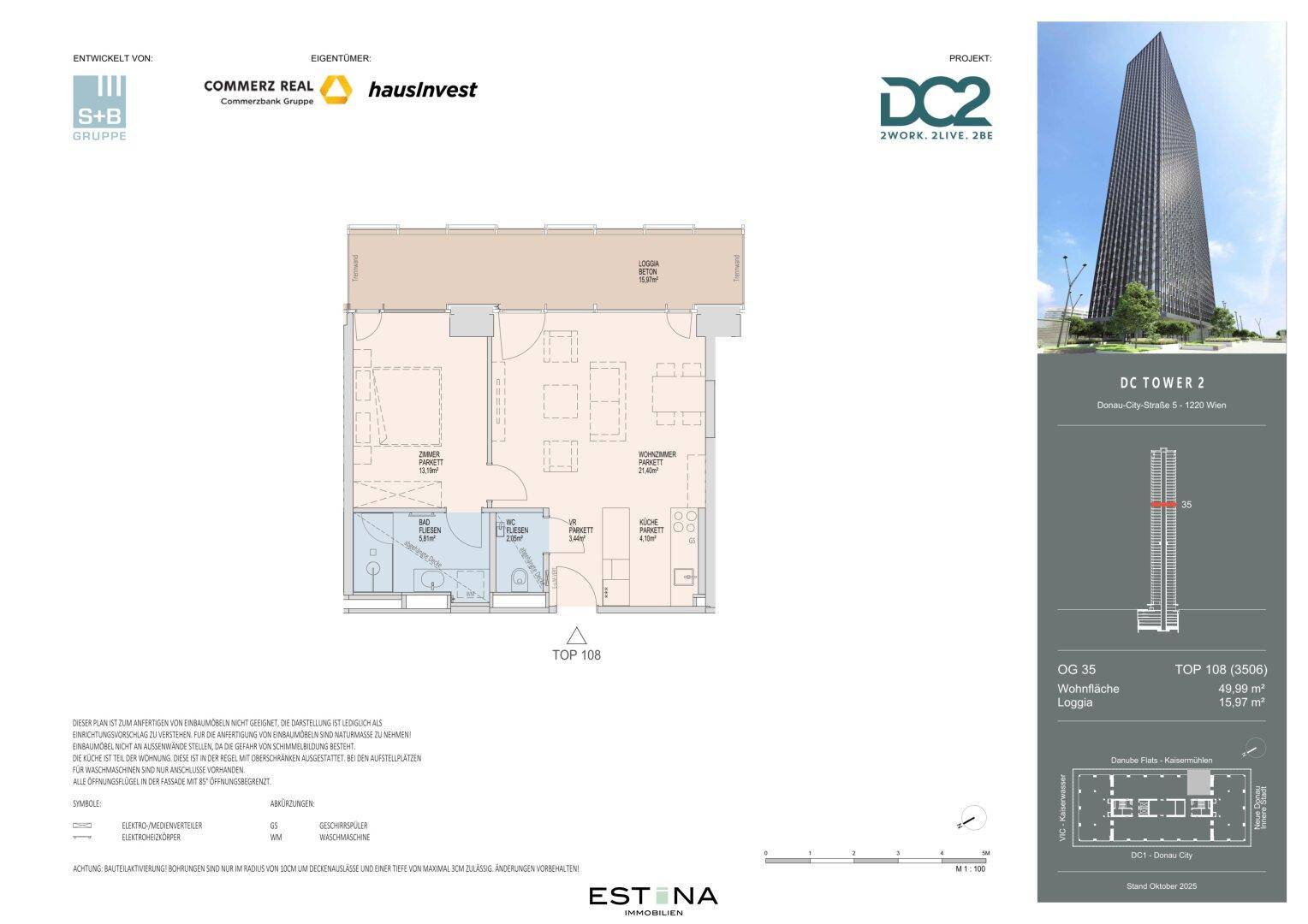 Grundriss der Wohnung Top 108 mit 49,99 m² Wohnfläche und einer Loggia von 15,97 m².