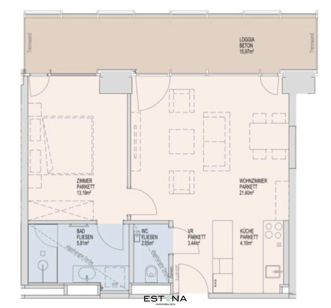 Detaillierter Grundriss der Wohnung mit Zimmern, Bad, WC, Küche und Loggia.