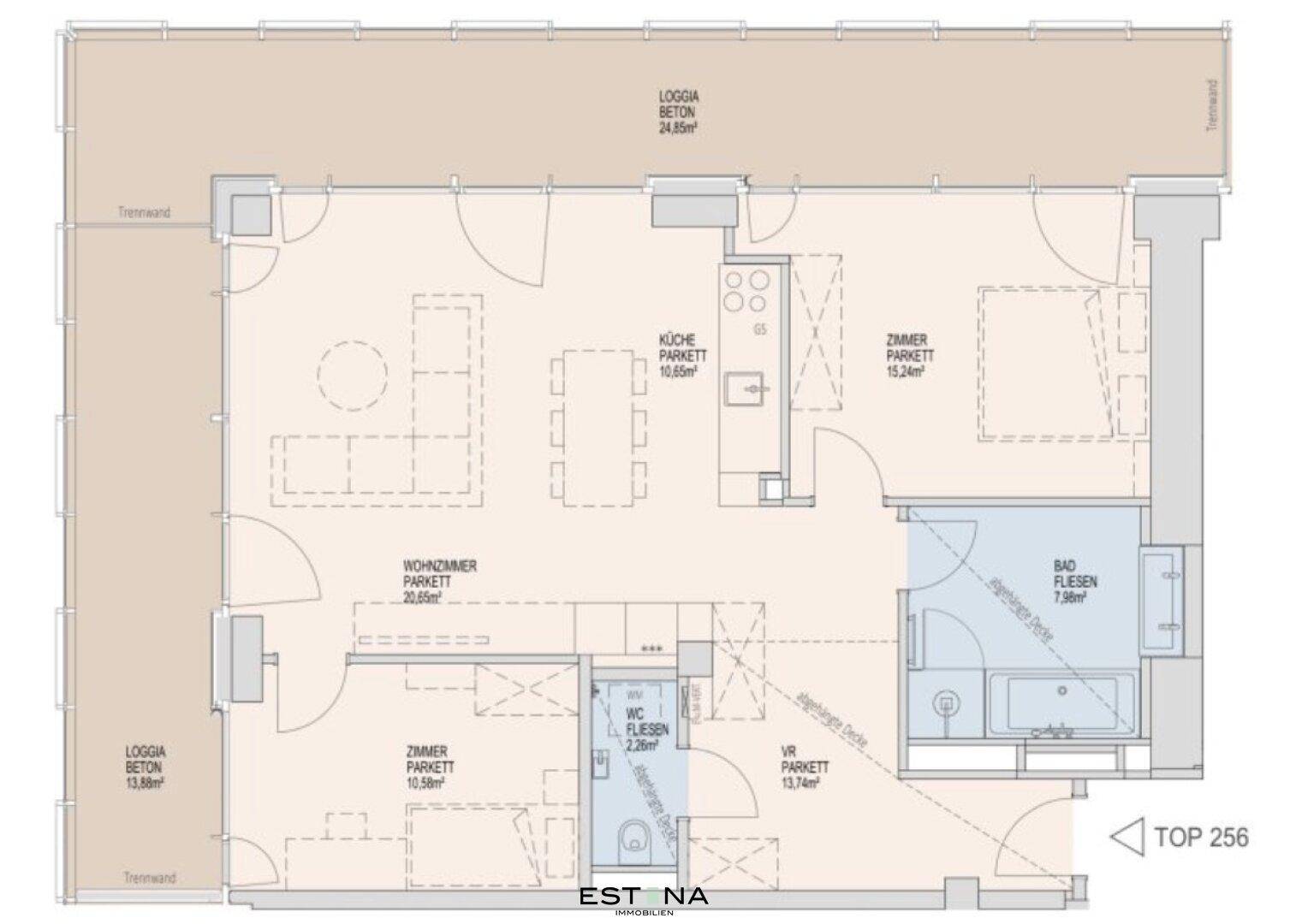 Grundriss einer Wohnung mit offenem Wohnbereich, zwei Loggien, separatem WC und Bad mit Wanne und Dusche.