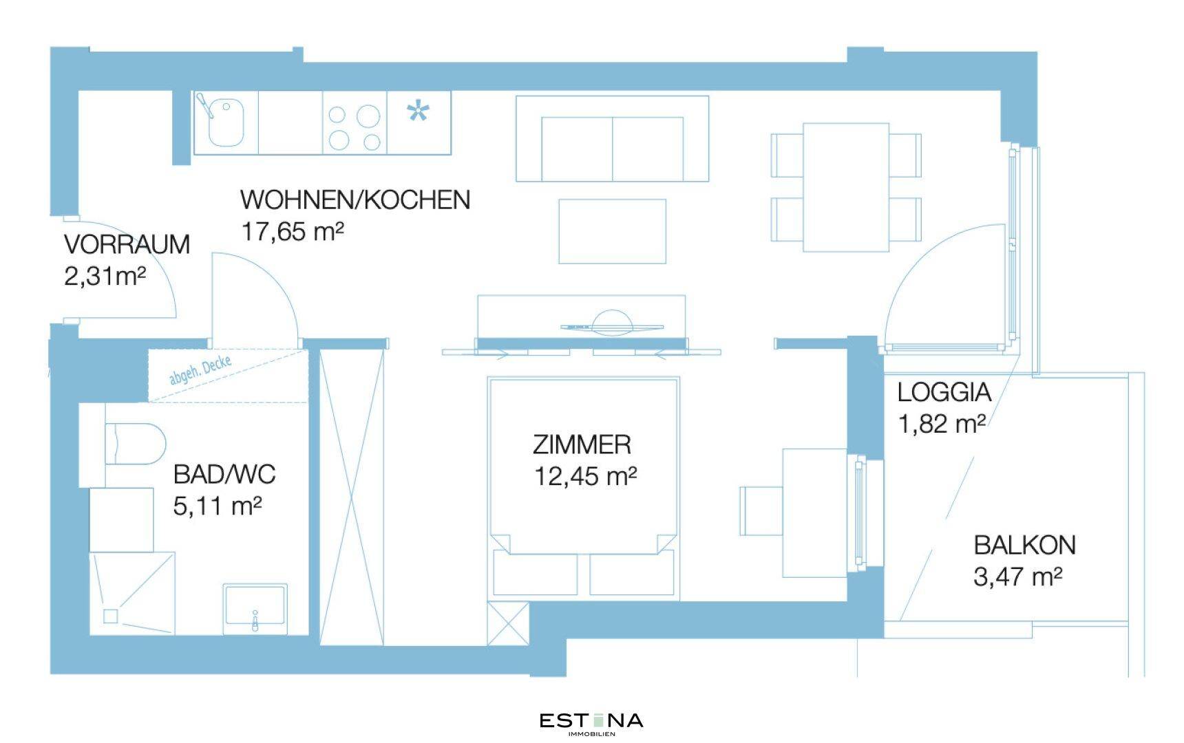 Grundriss einer Wohnung mit offenem Wohn-/Kochbereich, Loggia und Balkon.