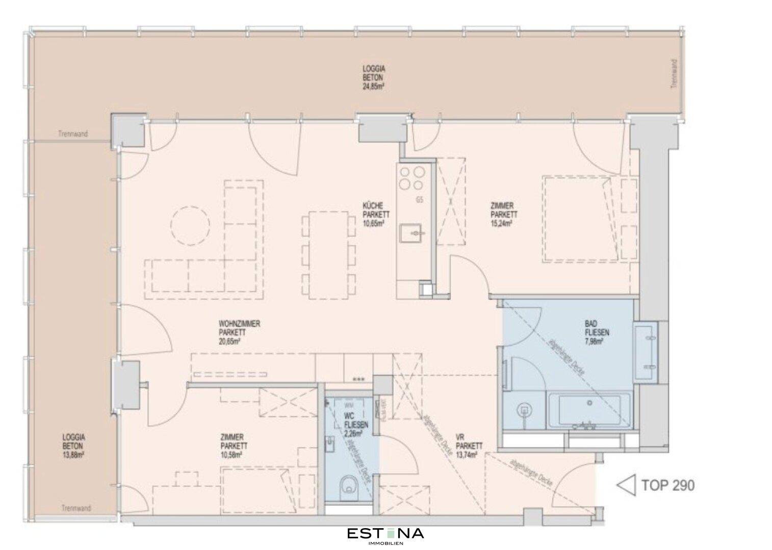 Grundriss einer Wohnung mit offenem Wohnbereich, separater Küche, zwei Loggien und zwei Bädern.