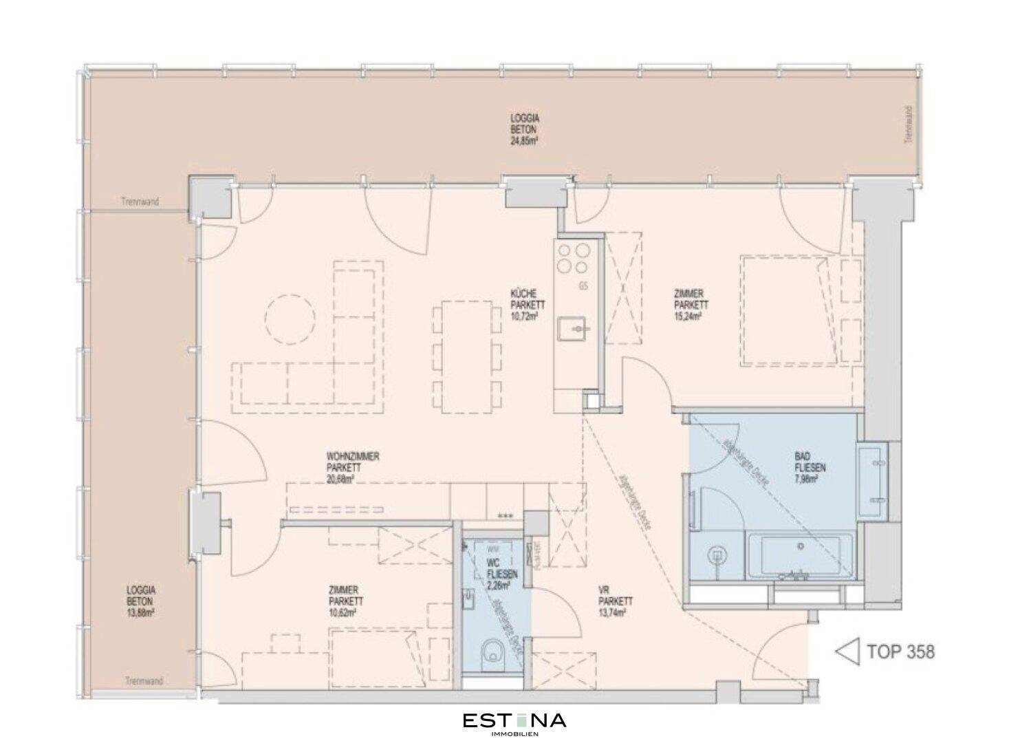 Grundriss einer Wohnung mit offenem Wohnbereich, drei Zimmern, Bad, separatem WC und zwei Loggien.