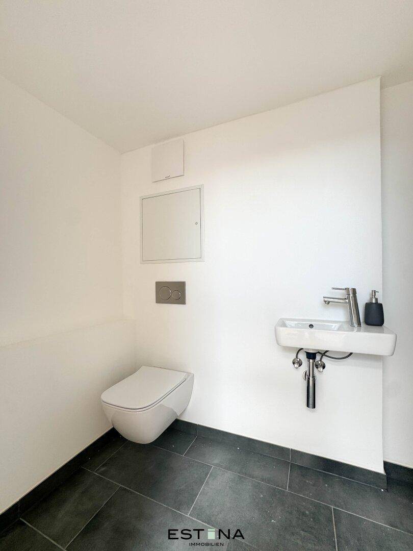 Separates Gäste-WC mit wandhängender Toilette und kleinem Waschbecken.