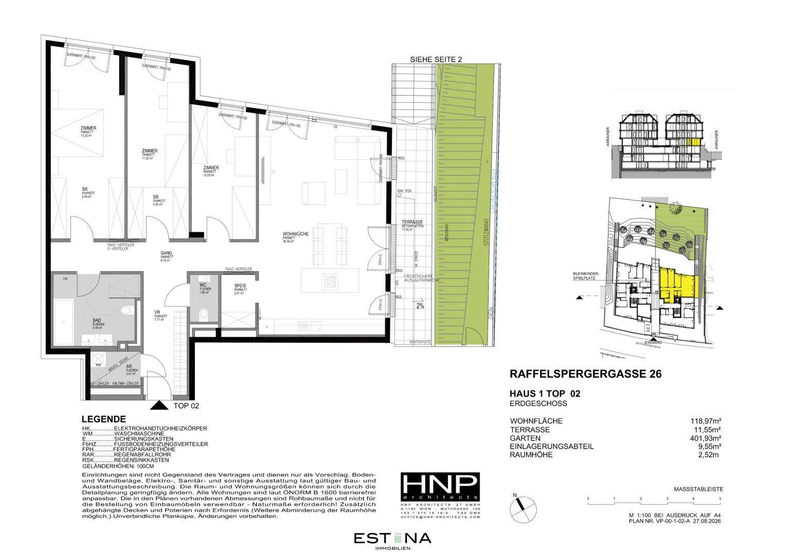 Detaillierter Grundriss der Erdgeschosswohnung mit drei Zimmern, offener Wohnküche und großer Terrasse.
