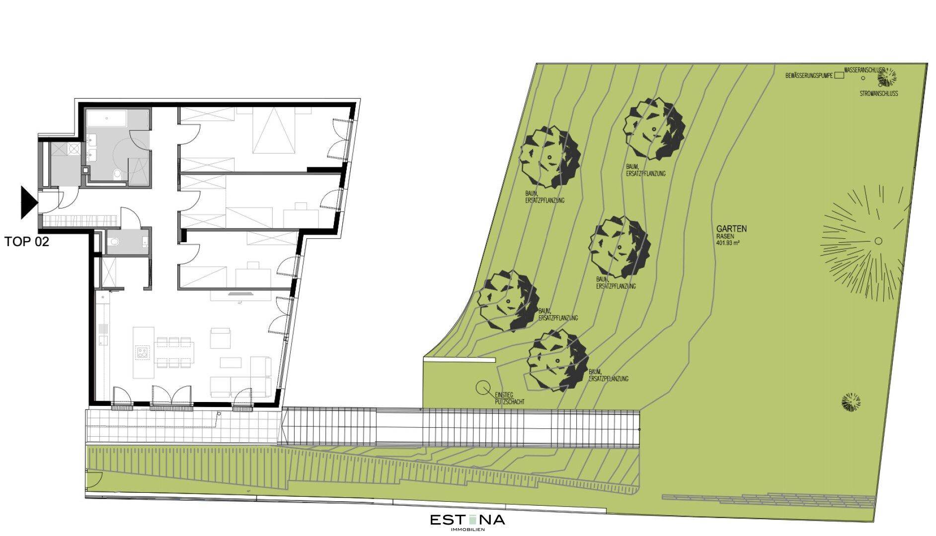 Grundriss der Wohnung mit angrenzendem Garten und Terrasse, inklusive der Außenanlagen.