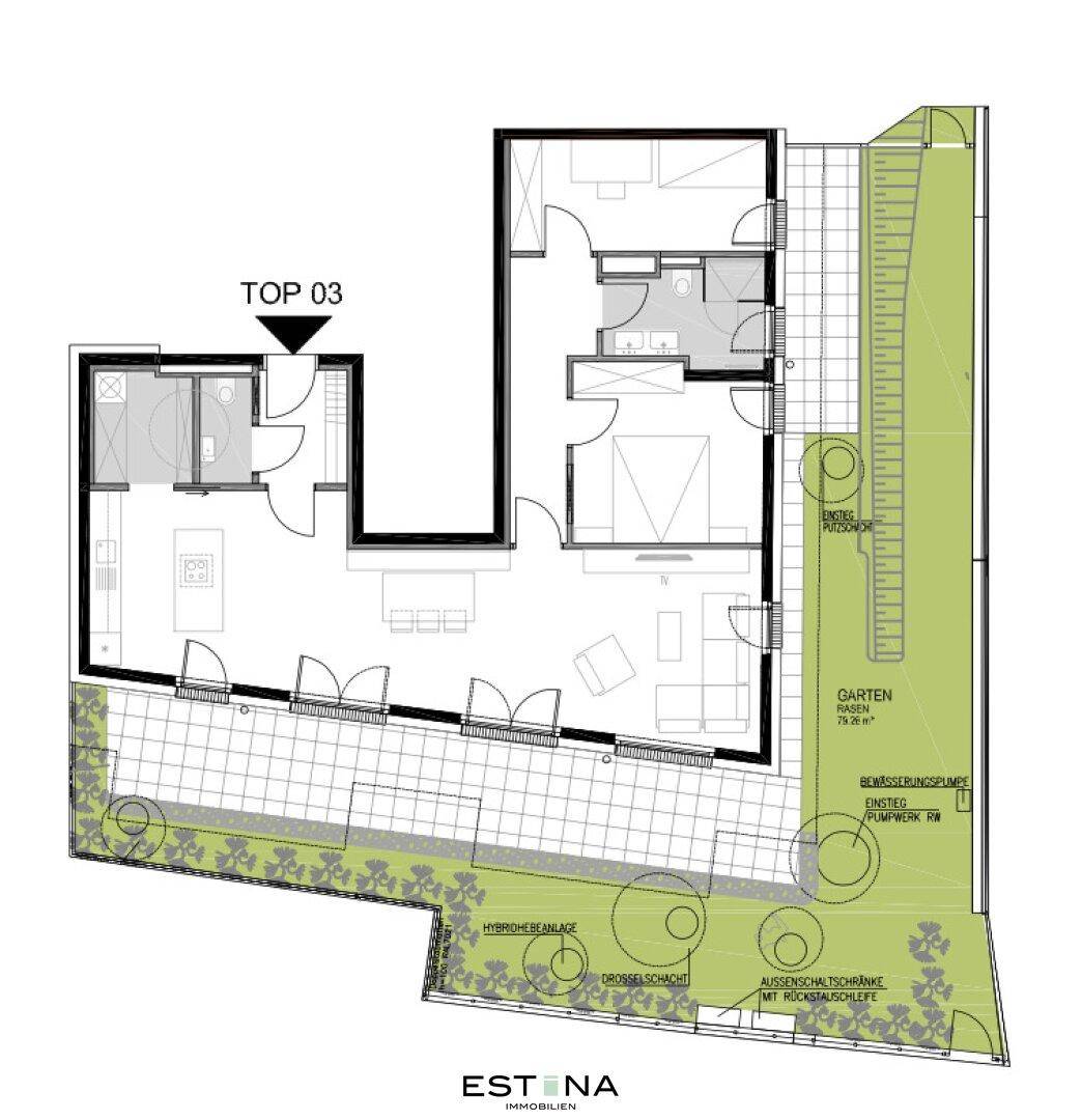 Klarer Grundriss des Erdgeschosses, der eine moderne Wohnküche, zwei Schlafzimmer, Bad, WC sowie Terrasse und Garten zeigt.