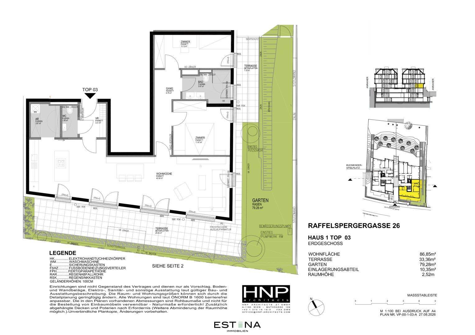 Grundriss des Erdgeschosses mit offener Wohnküche, zwei Schlafzimmern, Bad, separatem WC und Zugang zu Terrasse und Garten.