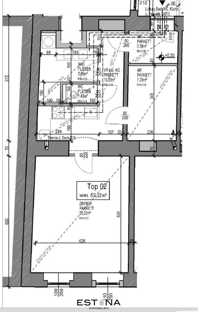 Detaillierter Grundriss der Wohnung mit Raumaufteilung und Flächenangaben in Quadratmetern.