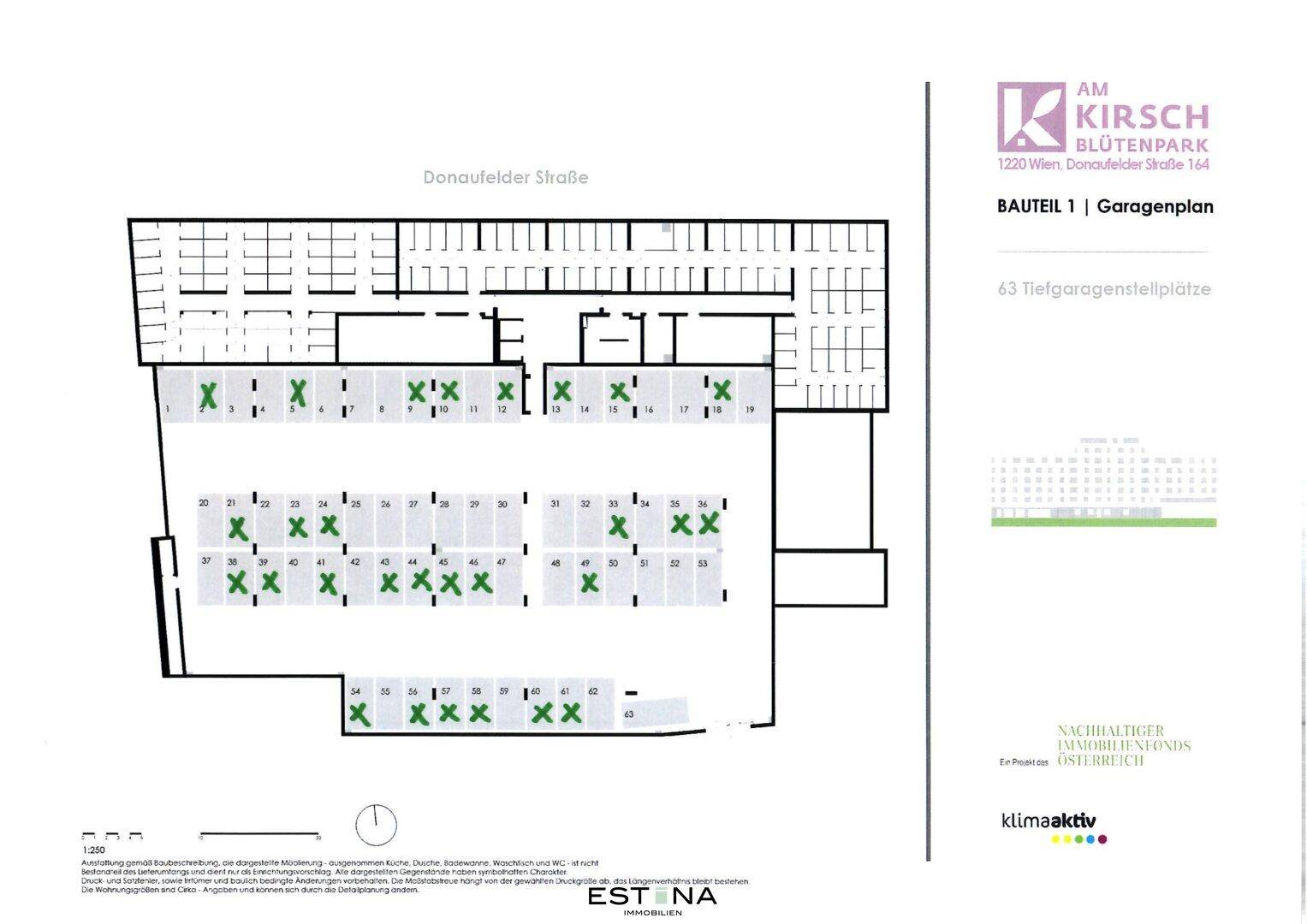 Garagenplan mit Tiefgaragenstellplätzen und Zufahrt zur Donaufelder Straße.