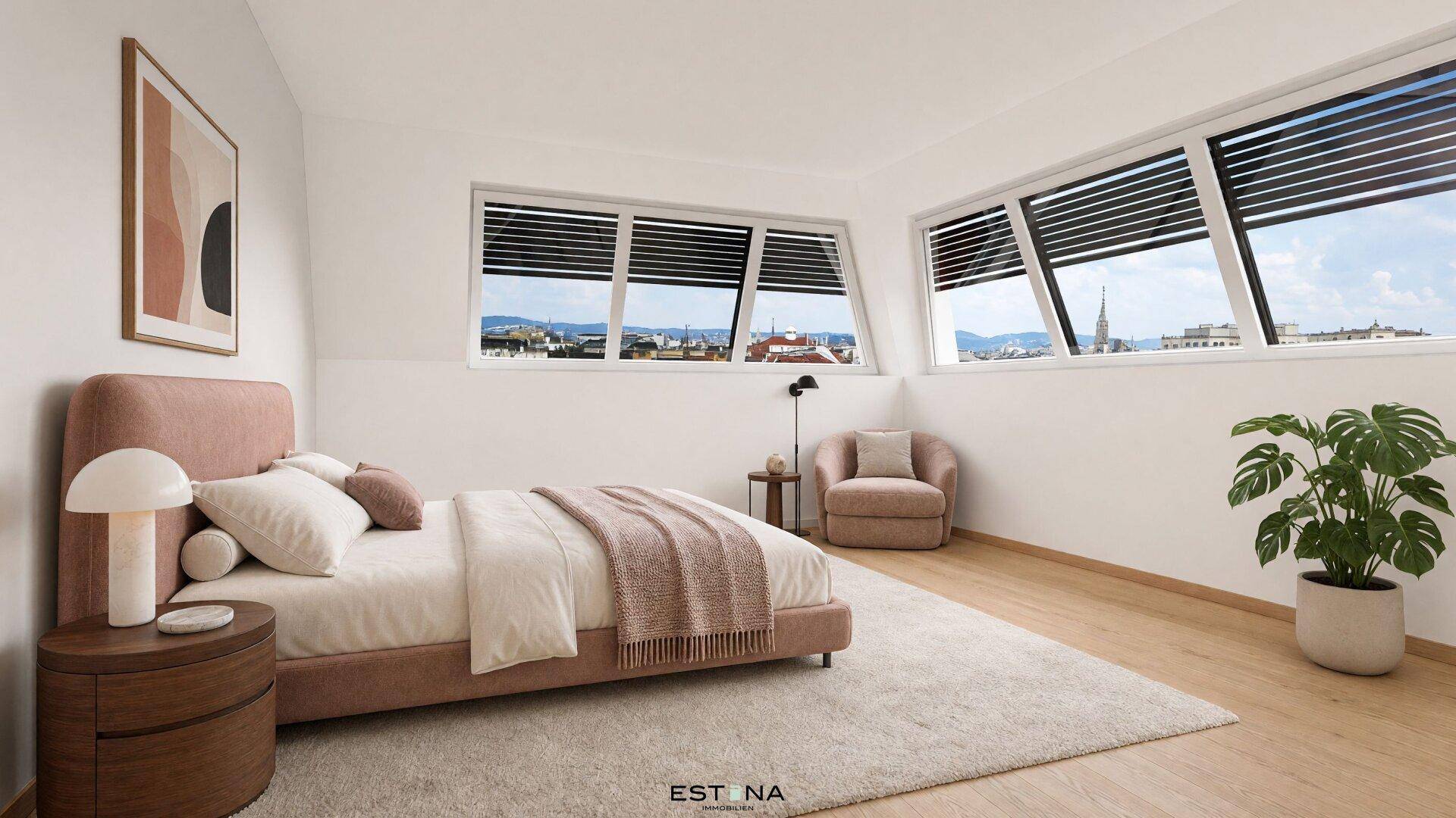 Gemütliches Schlafzimmer mit modernem Bett, Teppich und großen Fenstern mit Stadtblick.