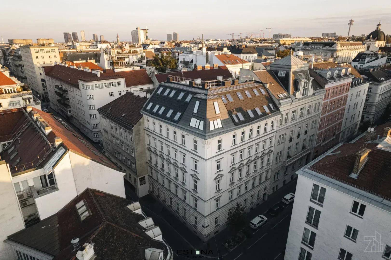 Panoramablick über eine Stadt mit traditionellen Gebäuden, Mansarddächern und vielen Dachfenstern, umgeben von urbaner Architektur.