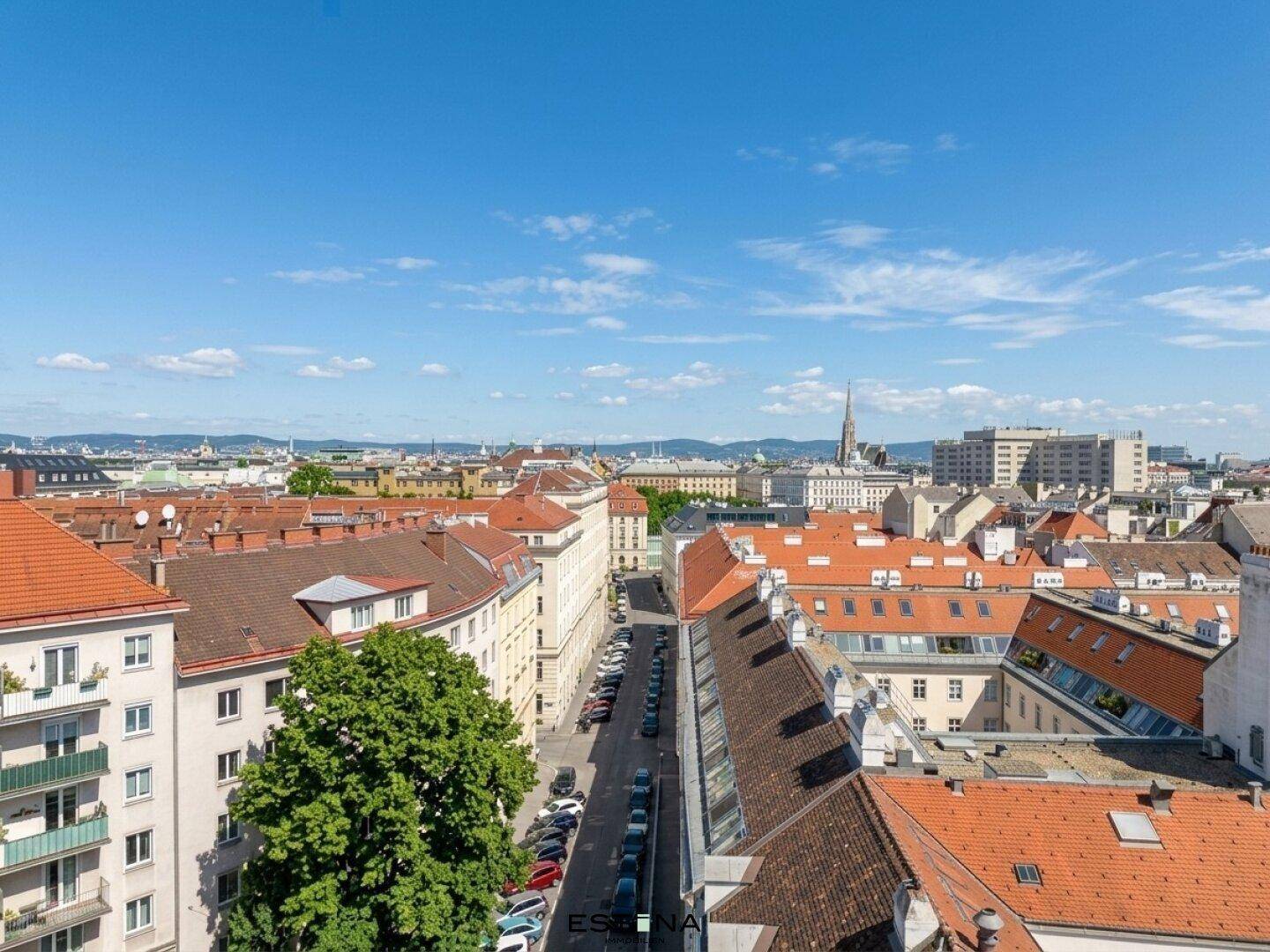 Panoramablick über die Stadt mit historischen Gebäuden und weitem Horizont unter blauem Himmel.