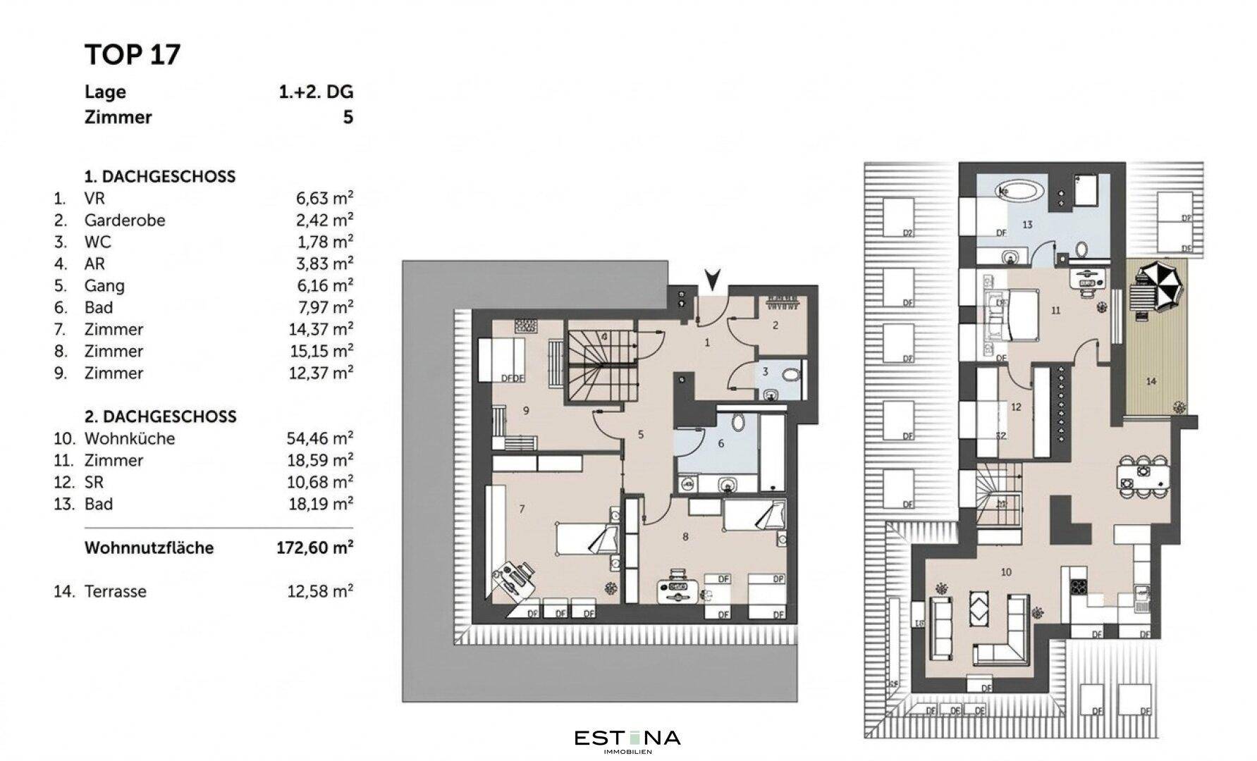 Detaillierter Grundriss der Dachgeschosswohnung mit zwei Ebenen und Terrasse.