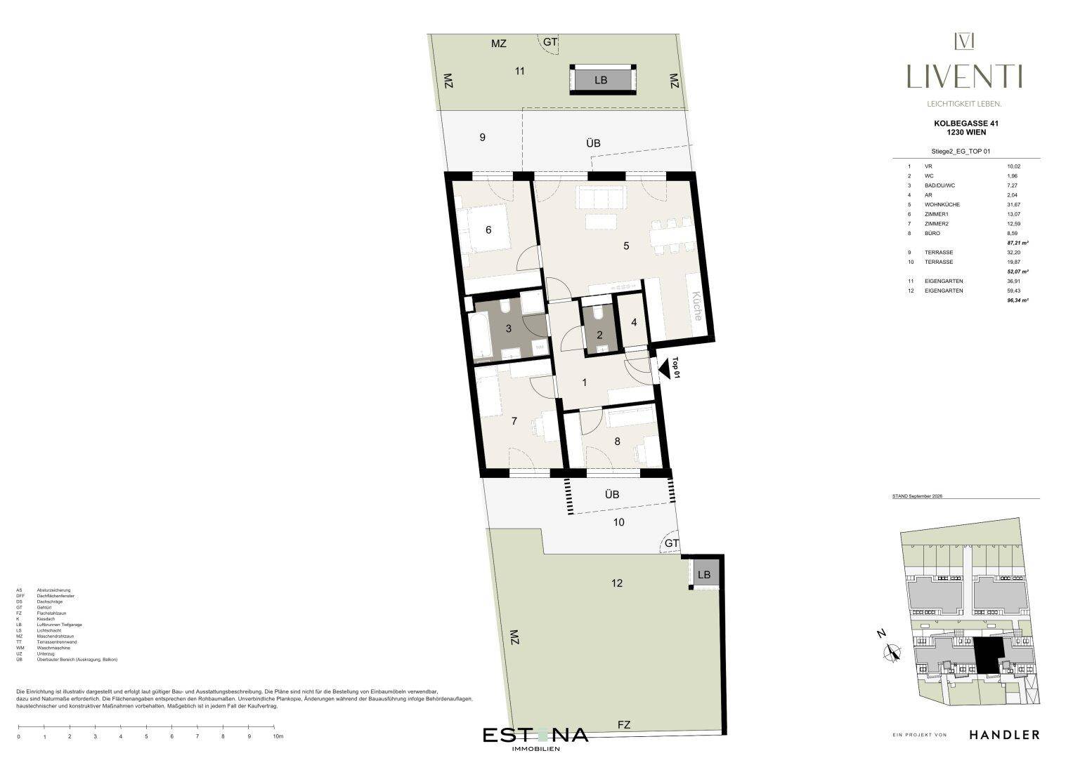 Grundriss einer Wohnung mit mehreren Zimmern, Terrasse und Gartenanteil.