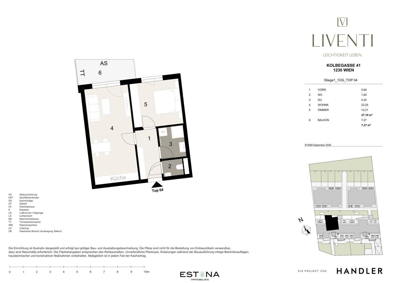 Grundriss einer Wohnung mit offenem Wohnbereich, separatem Zimmer, Bad und Balkon.