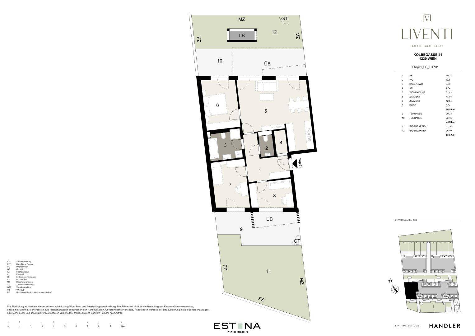 Grundriss einer Wohnung mit offenem Wohnbereich, mehreren Zimmern, Balkon und Gartenanteil.