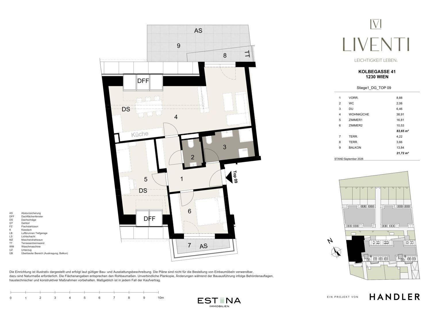 Grundriss einer Wohnung mit offener Wohnküche, zwei Schlafzimmern, Bad, WC, Balkon und Terrasse.