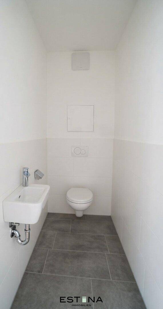 Separates Gäste-WC mit Wand-WC, kleinem Waschbecken und modernen Fliesen.