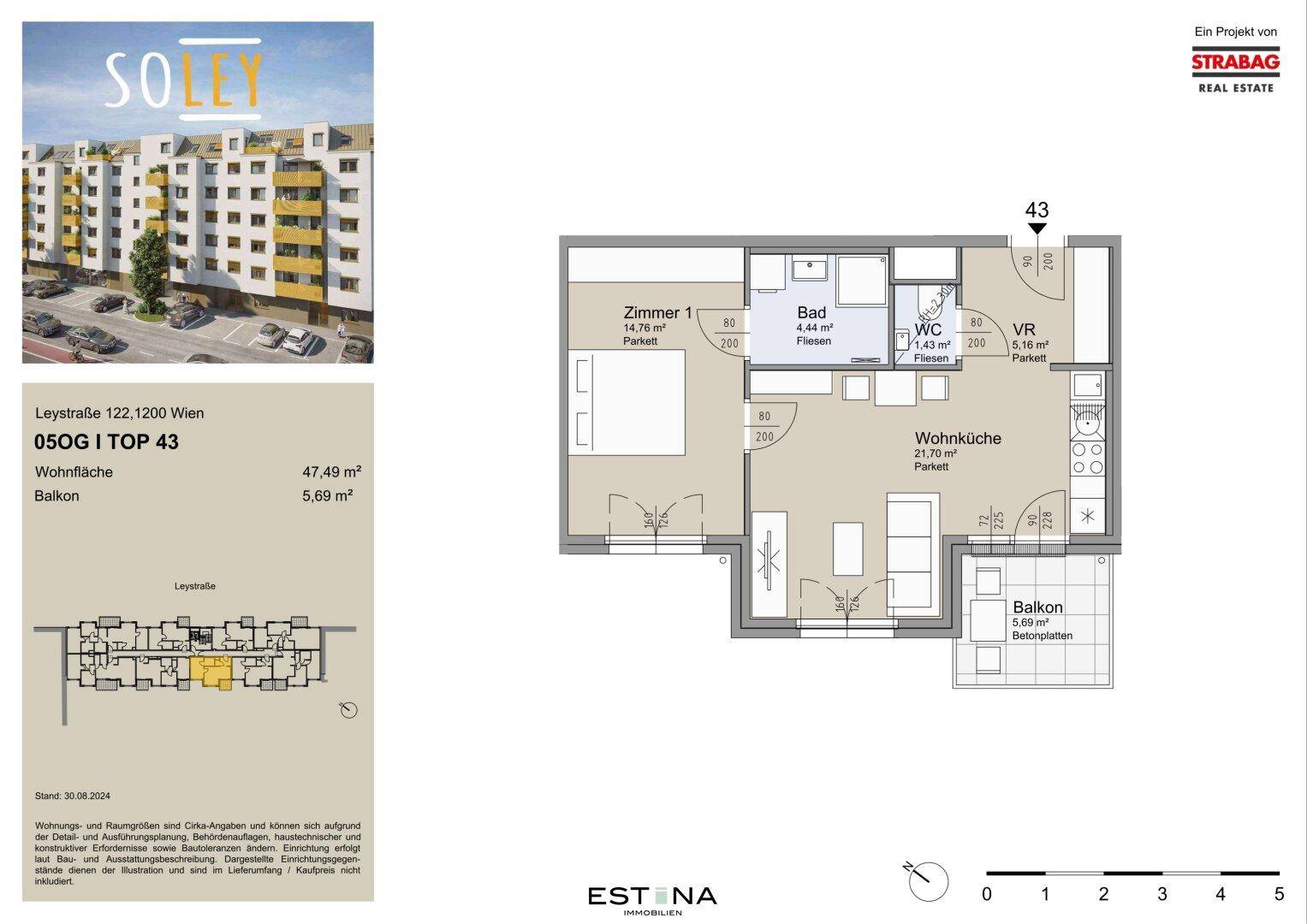 Grundriss einer Wohnung mit einem Schlafzimmer, offener Wohnküche und Balkon.