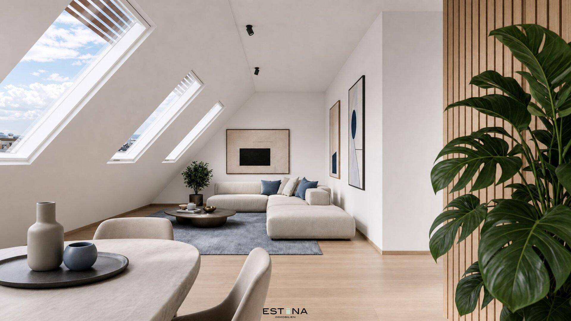 Heller Wohn- und Essbereich im Dachgeschoss mit schrägen Decken, Dachfenstern und modernem Design.