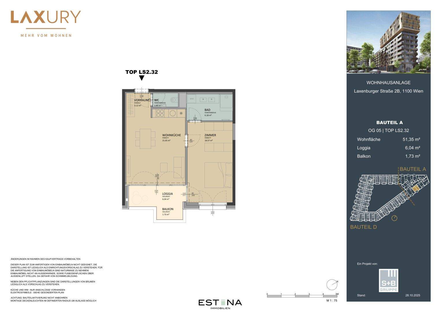 Detaillierter Grundriss einer Wohnung mit Loggia und Balkon, inklusive Flächenangaben der Räume.