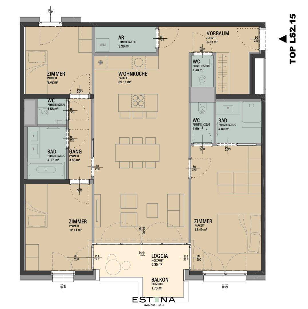 Detaillierter Grundriss einer Wohnung mit drei Zimmern, Wohnküche, Loggia und Balkon.