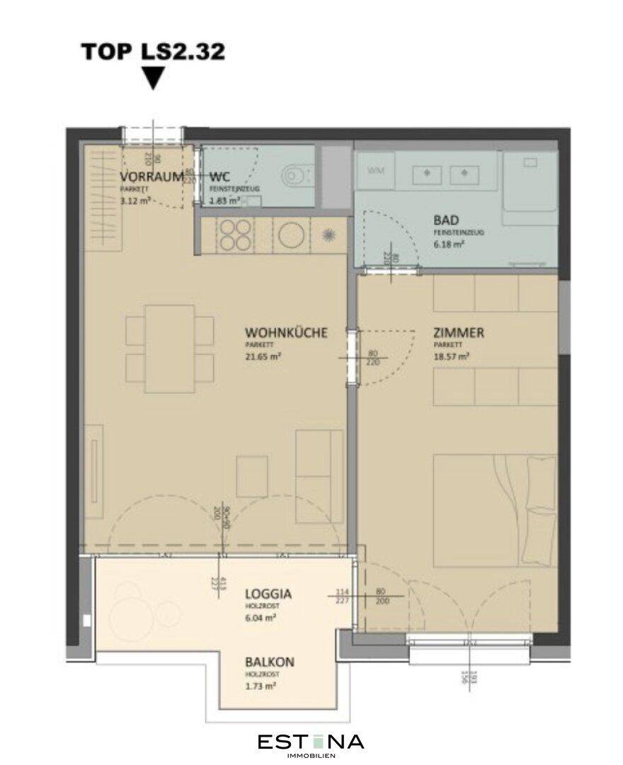 Nahaufnahme des Grundrisses einer Wohnung mit Wohnküche, Zimmer und Bad, sowie Loggia und Balkon.