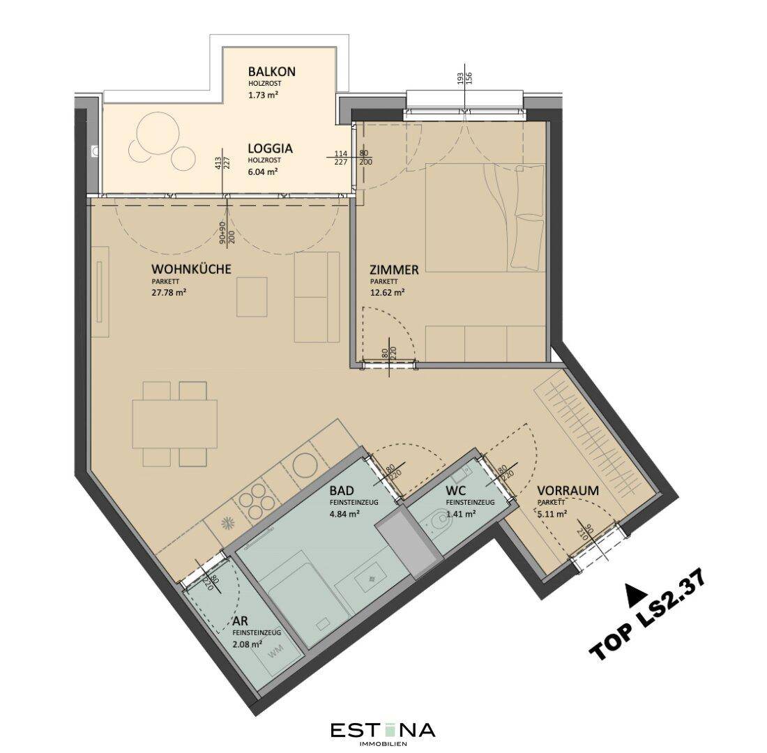 Detaillierter Grundriss einer Wohnung mit Wohnküche, Zimmer, Bad, WC, Loggia und Balkon.