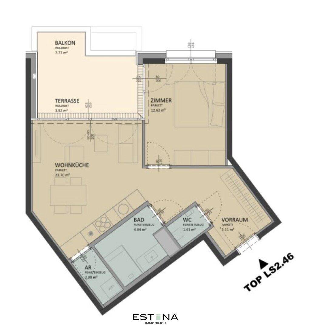 Nahaufnahme des Grundrisses mit Aufteilung in Wohnküche, Zimmer, Bad und Außenbereiche.