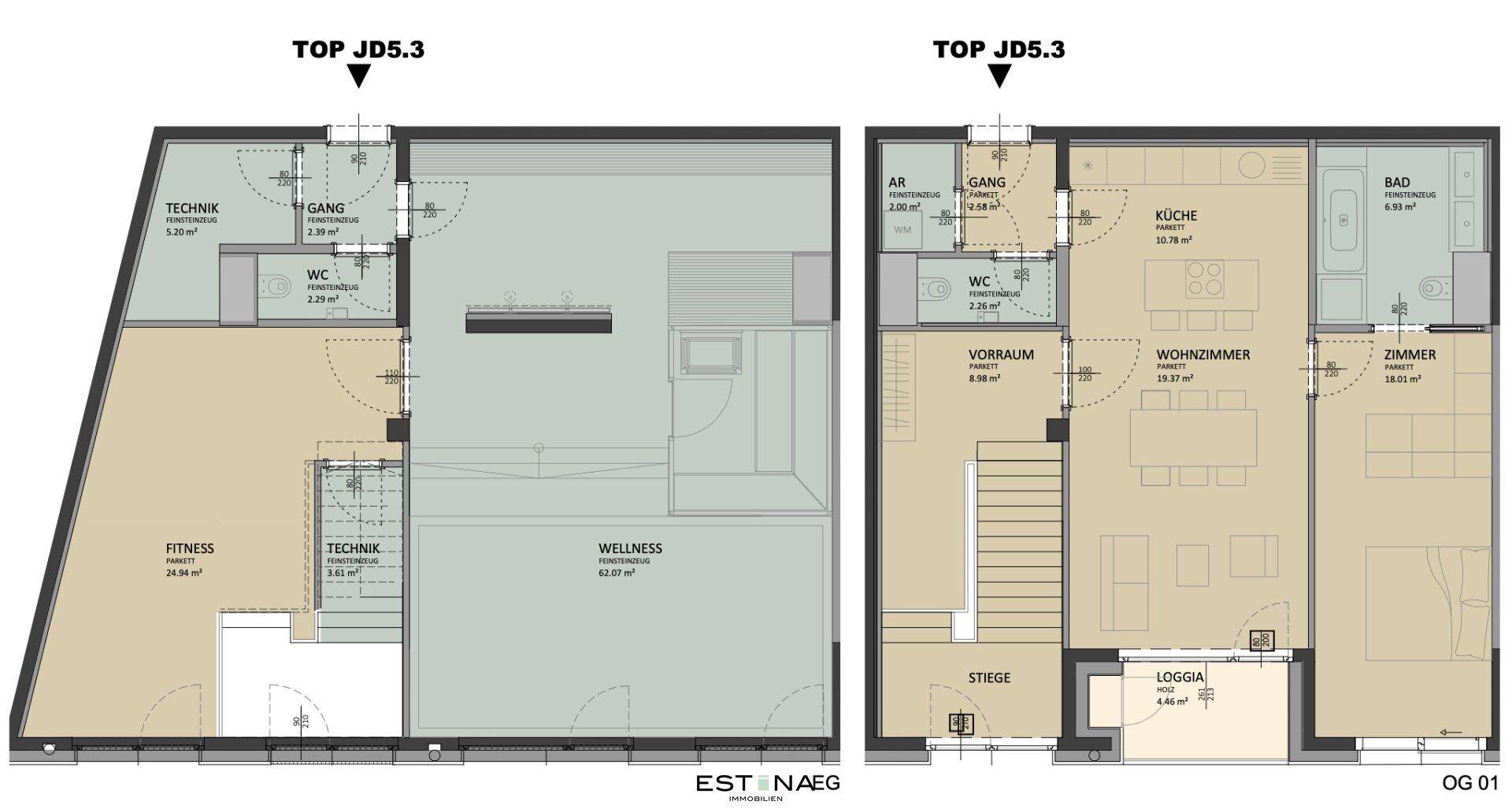 Detaillierter Grundriss für zwei Etagen mit Fitness, Wellness, Wohnbereich und Loggia.