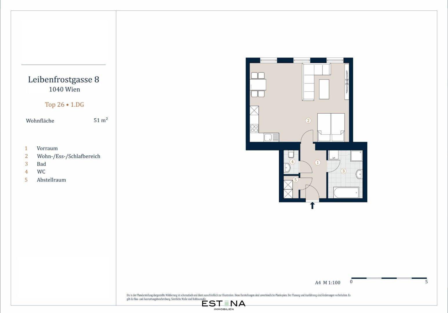 Grundriss einer Wohnung mit Wohn-Ess-Schlafbereich, Bad und separatem WC.