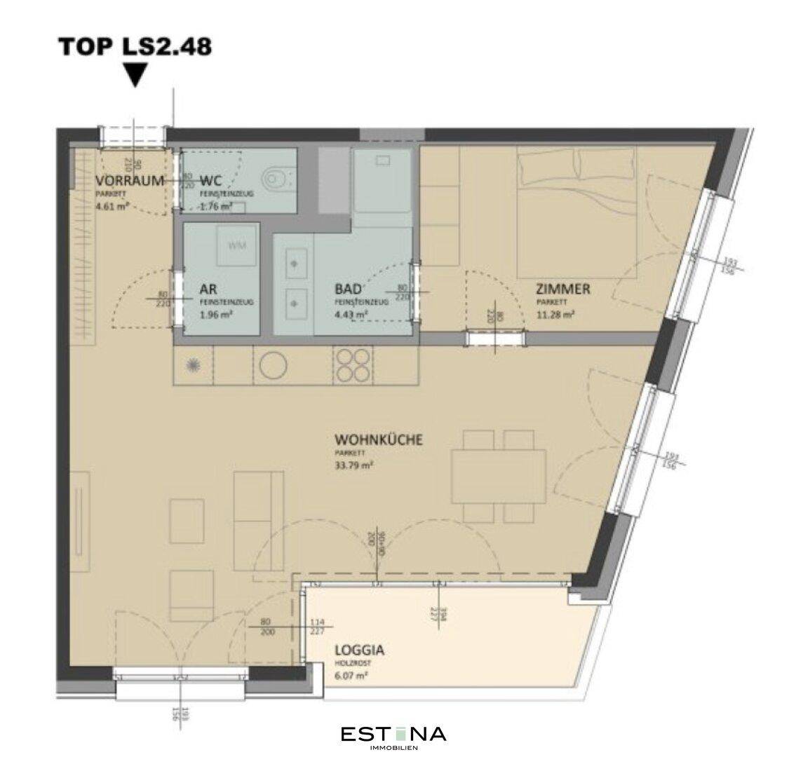 Übersichtlicher Grundriss einer Wohnung mit Wohnküche, Bad, WC und Loggia.
