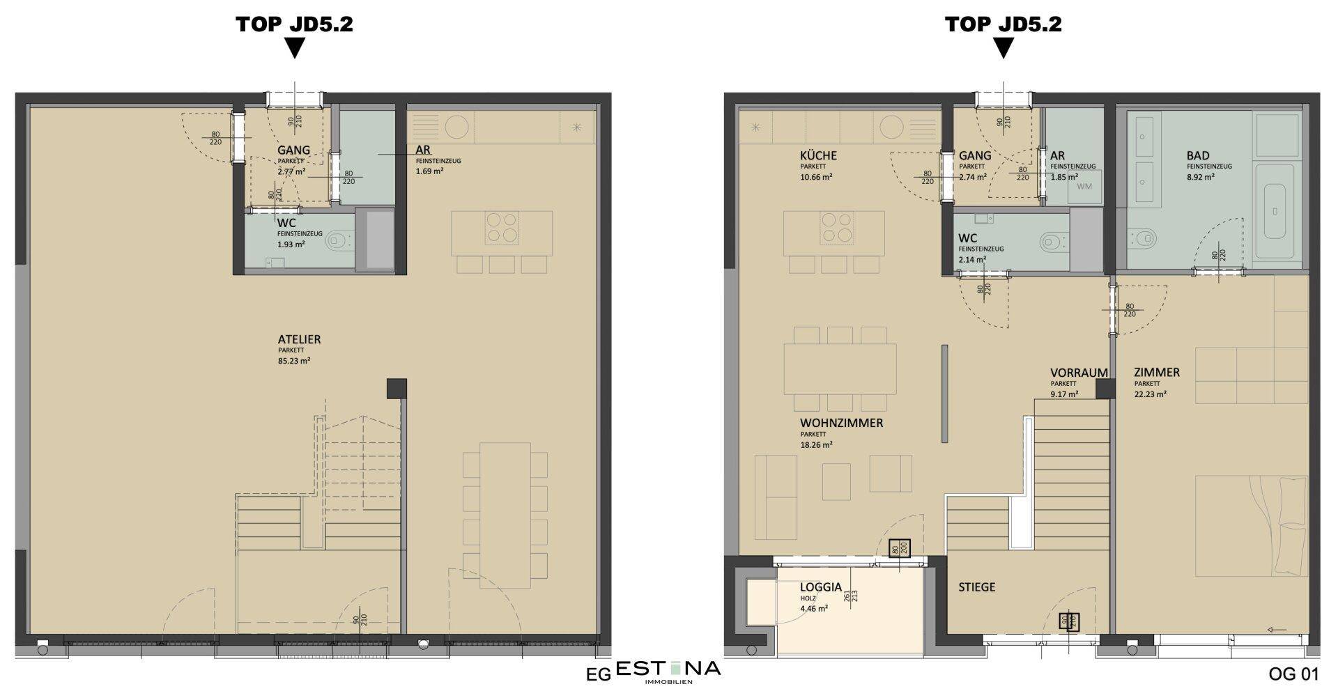 Übersichtlicher Grundriss einer Wohnung über zwei Ebenen mit Loggia und separatem WC.