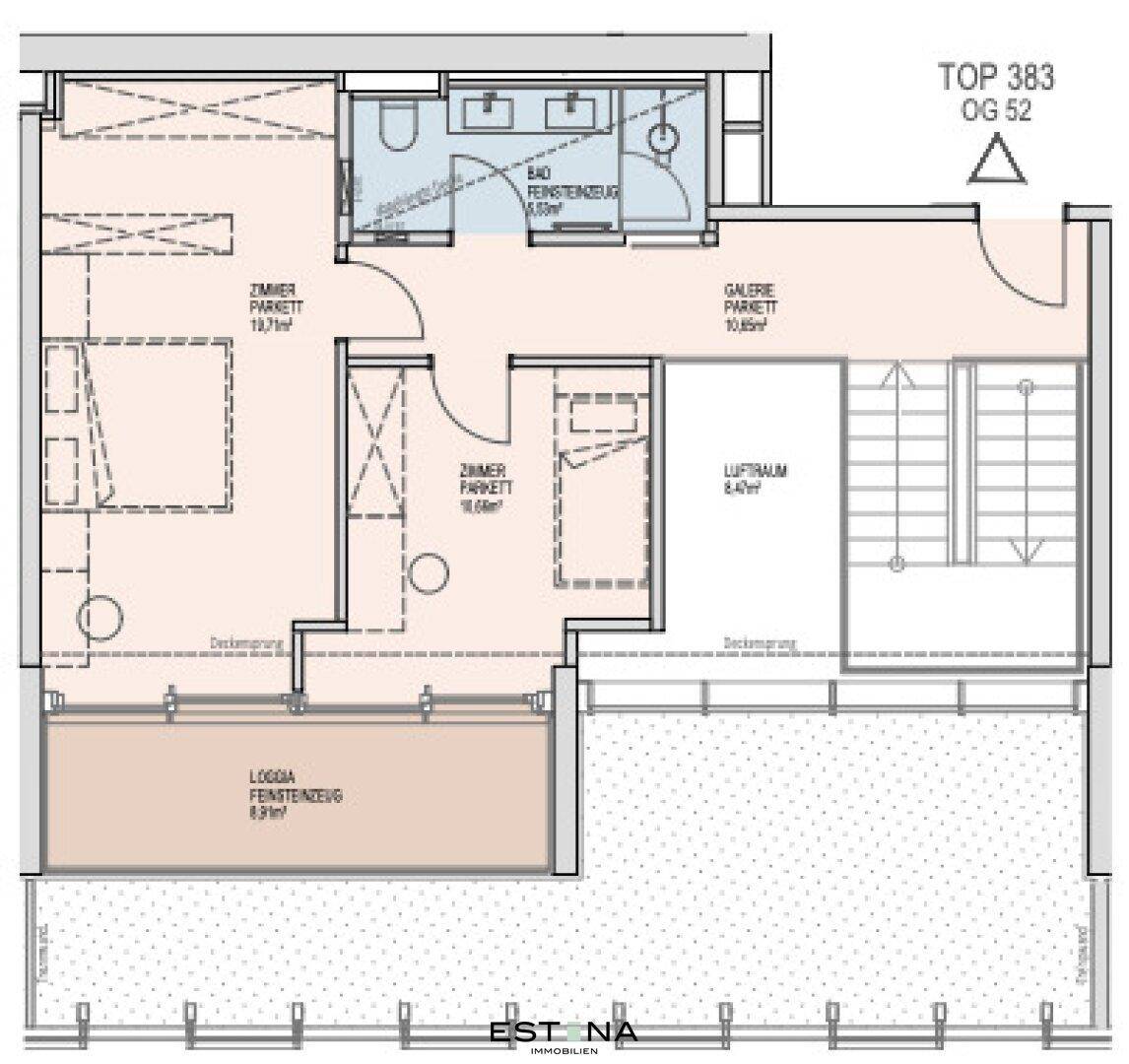 Grundriss der oberen Etage einer Maisonette-Wohnung mit Schlafzimmern, Bad und Loggia.