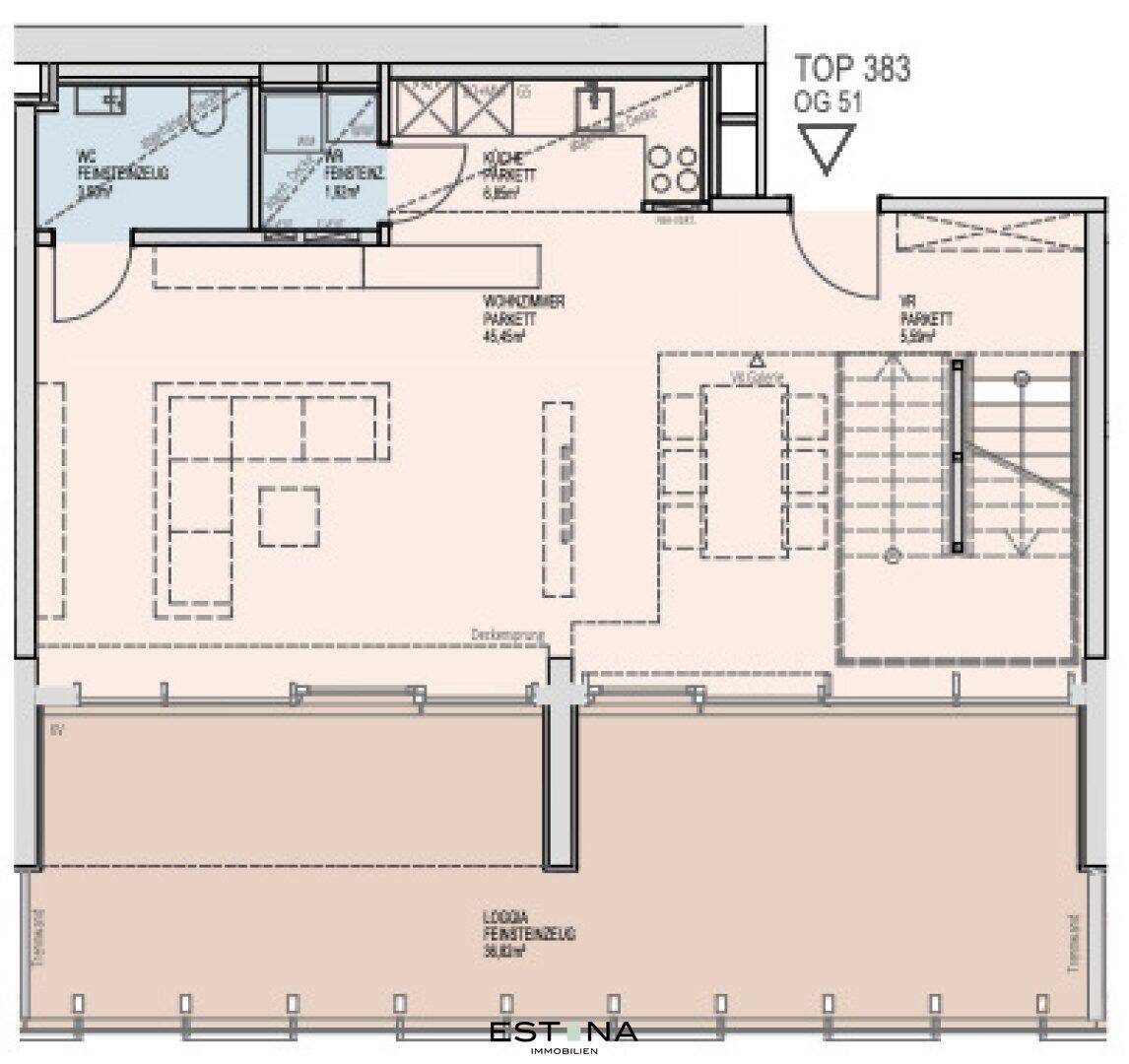 Grundriss der unteren Etage einer Maisonette-Wohnung mit offenem Wohnbereich, Küche und Loggia.