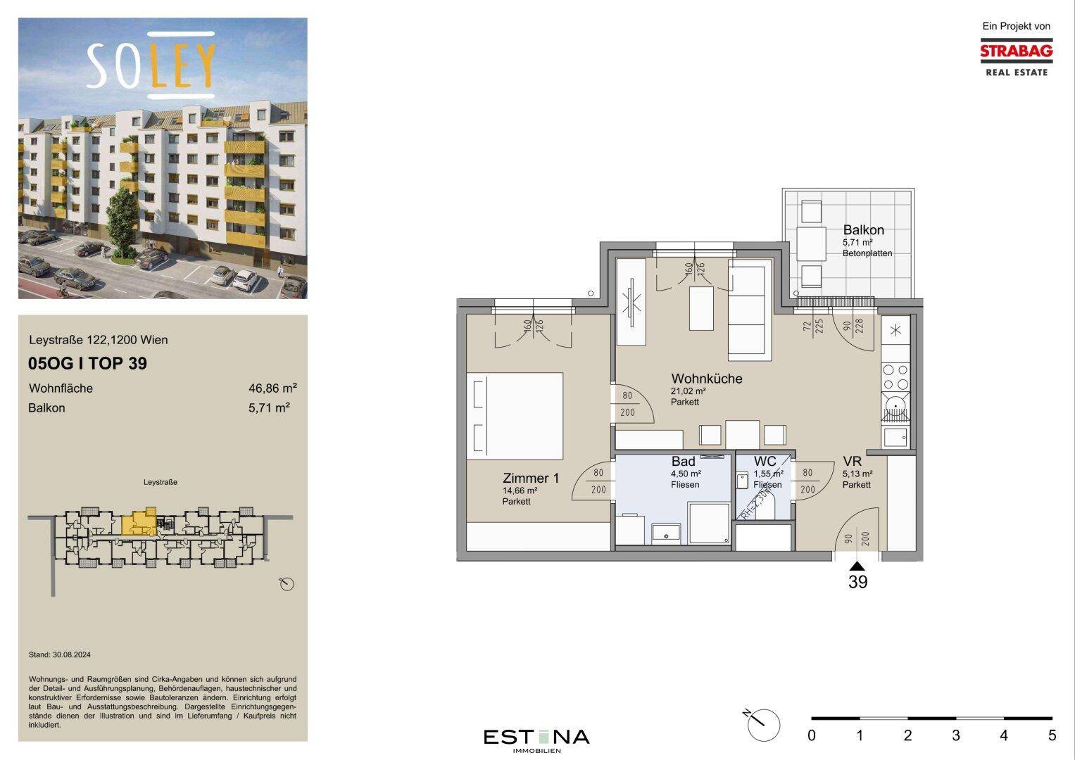 Detaillierter Grundriss einer Wohnung mit Flächenangaben und Lageplan des Gebäudes.
