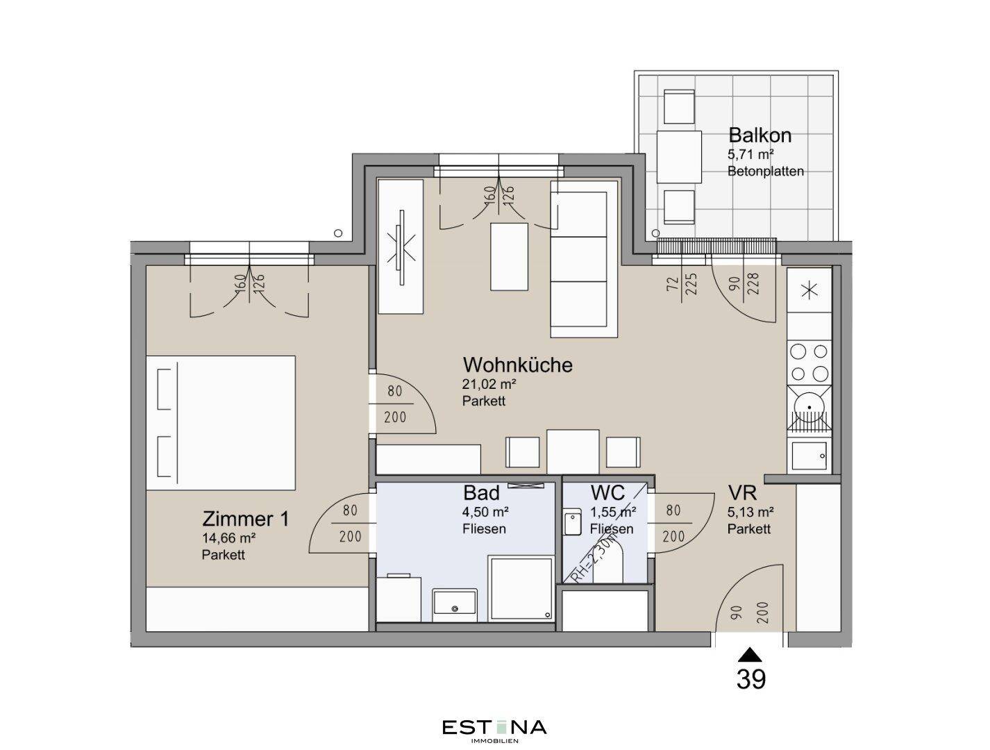 Grundriss einer Wohnung mit Wohnküche, einem Zimmer, Bad, WC und Balkon.