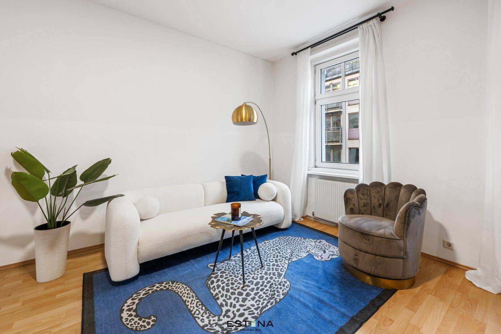 Gemütliches Wohnzimmer mit modernem Sofa, auffälligem Teppich und viel Tageslicht.