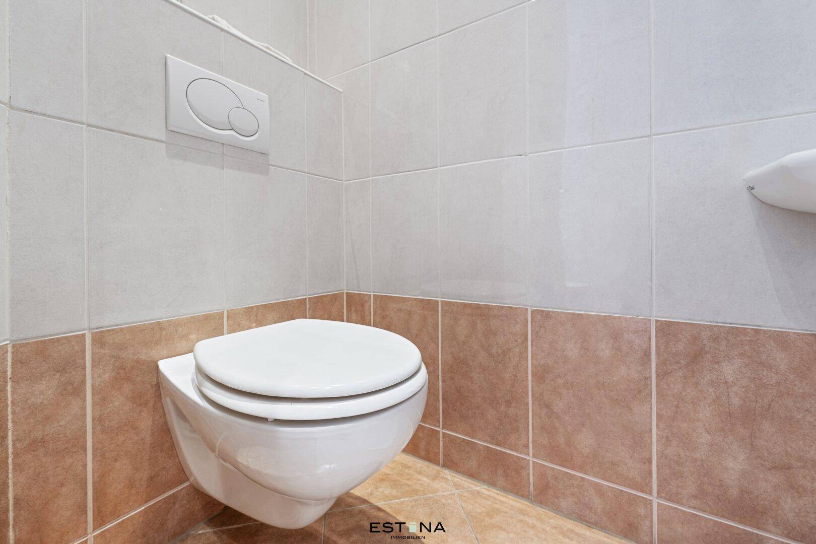 Modernes Gäste-WC mit Wand-WC und hellen Fliesen an Wänden und Boden.