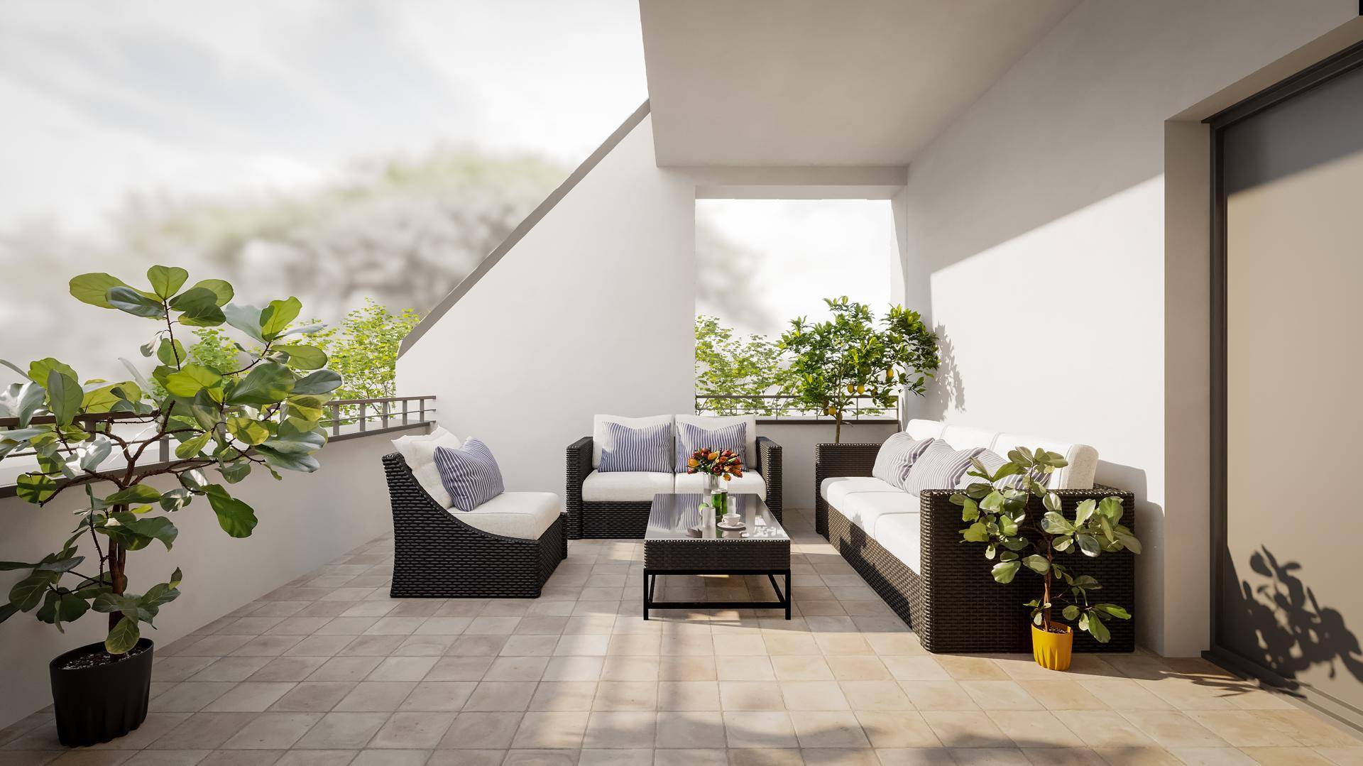 Helle, möblierte Terrasse mit modernen Loungemöbeln und Pflanzen für entspannte Stunden im Freien.
