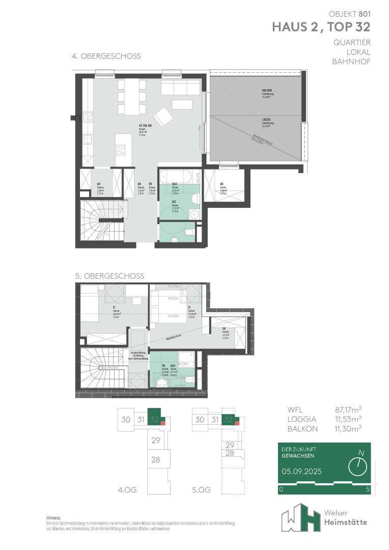 Grundriss der Wohnung Top 32 über zwei Etagen mit Loggia und Balkon im Obergeschoss.