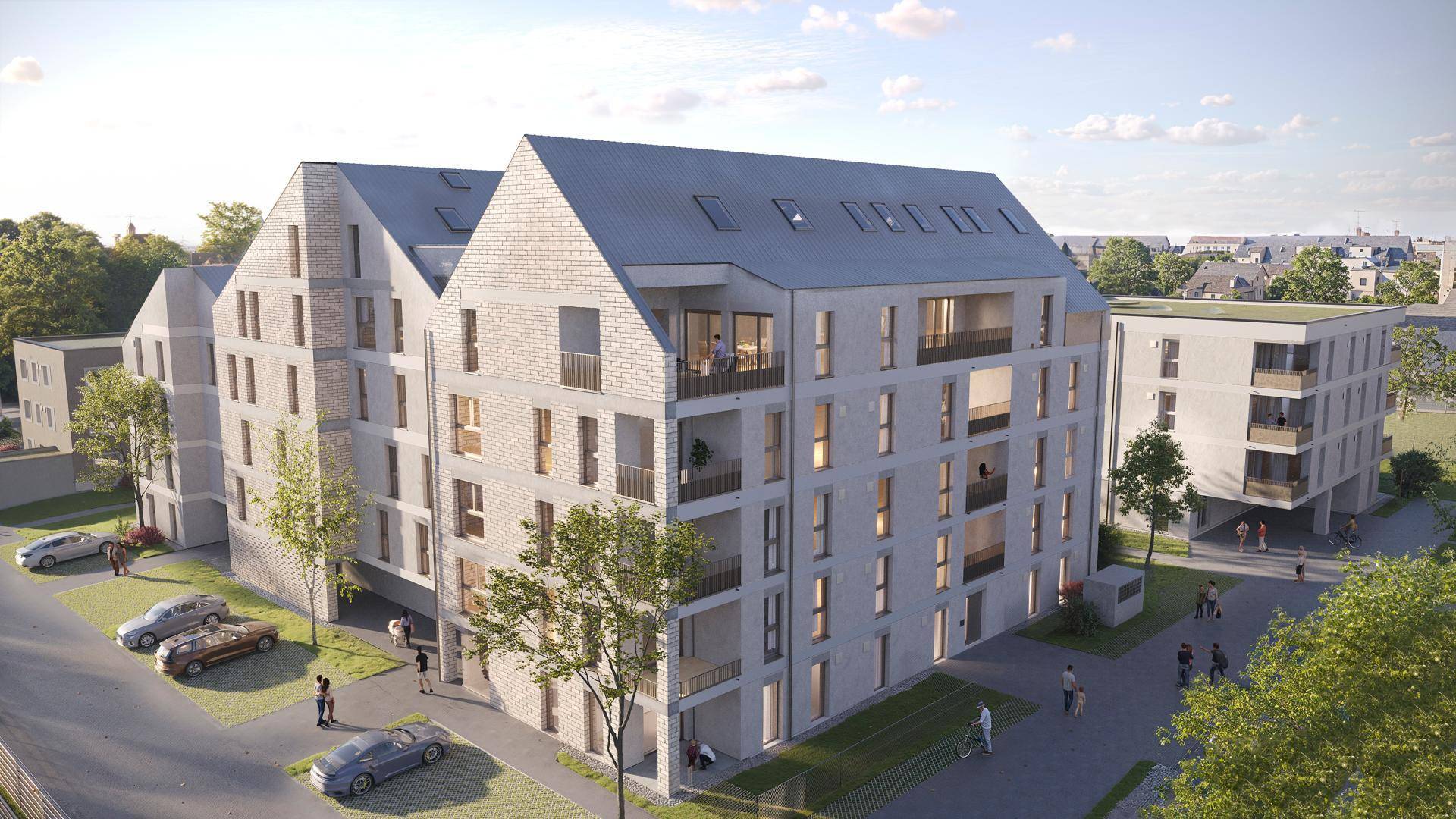 Rendering einer modernen Wohnanlage mit Satteldächern, Balkonen und Parkplätzen im Außenbereich.