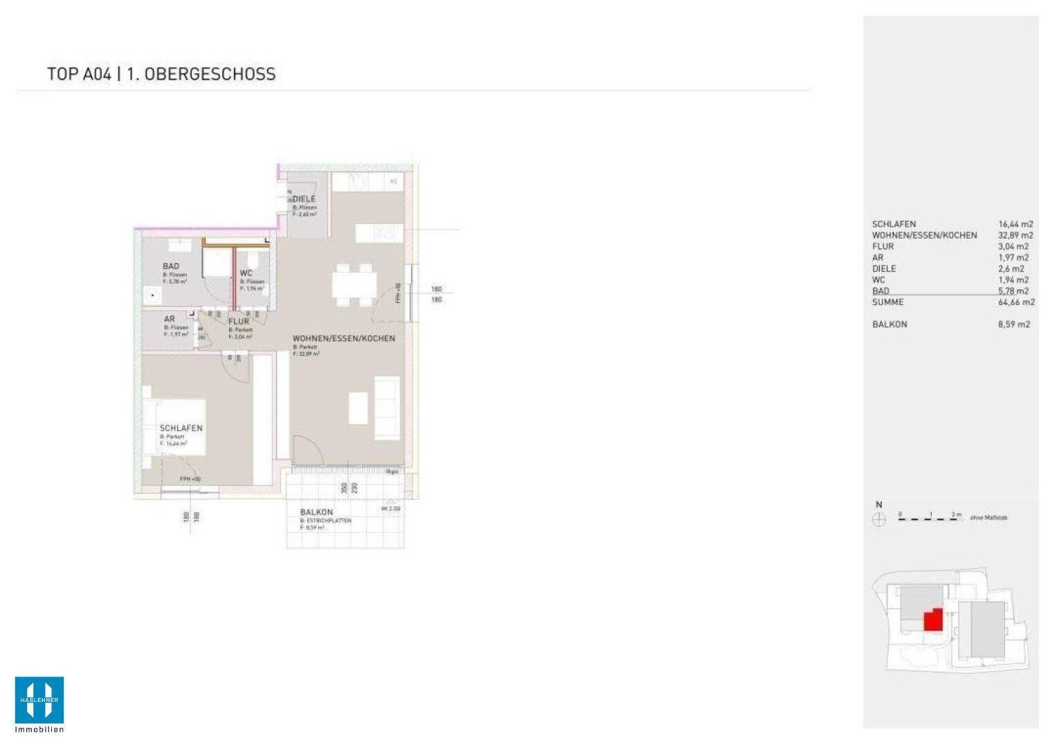 Grundriss der Wohnung TOP A04 im ersten Obergeschoss mit Wohn-/Ess-/Kochbereich und Balkon.