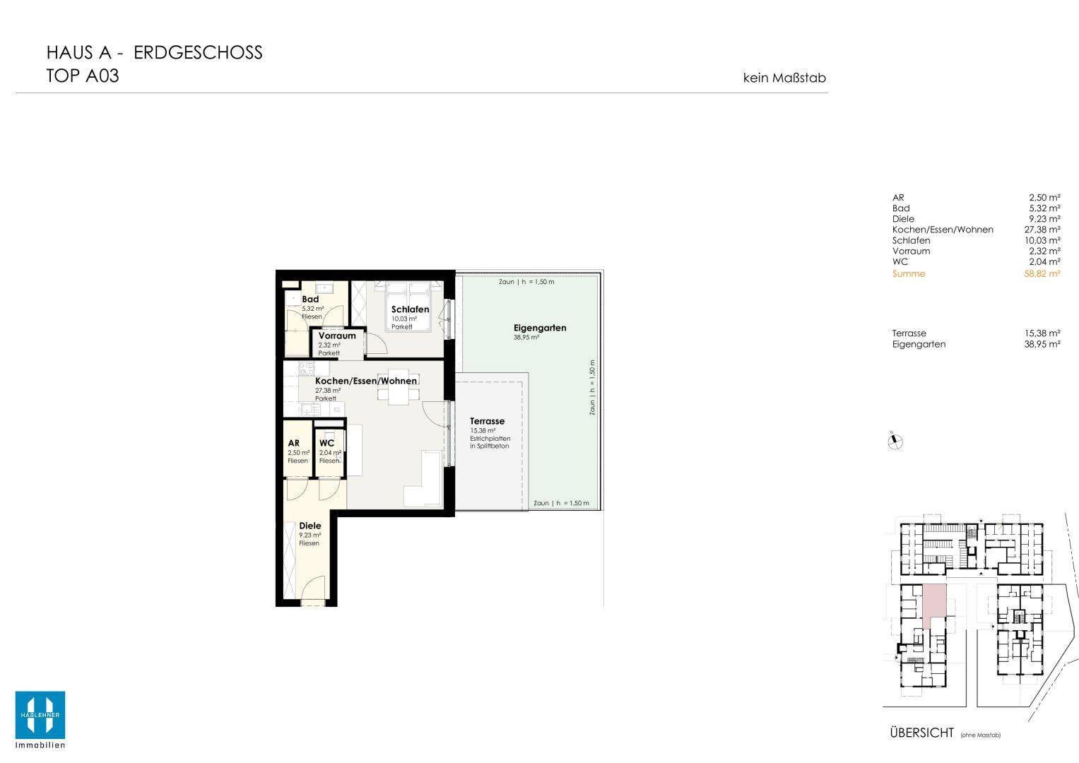 Grundriss der Erdgeschosswohnung A03 mit offenem Wohnbereich, Schlafzimmer, Bad und privatem Garten.